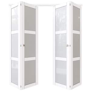 72 in. x 80.5 in. 3-Lite Tempered Frosted Glass Solid Core White Finished Bi-Fold Door with Hardware