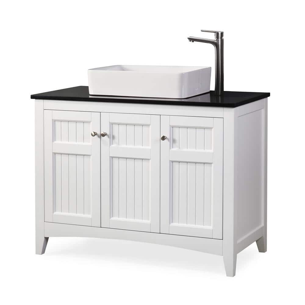 42" White Wood Freestanding Bathroom Vanity with Black Granite Top