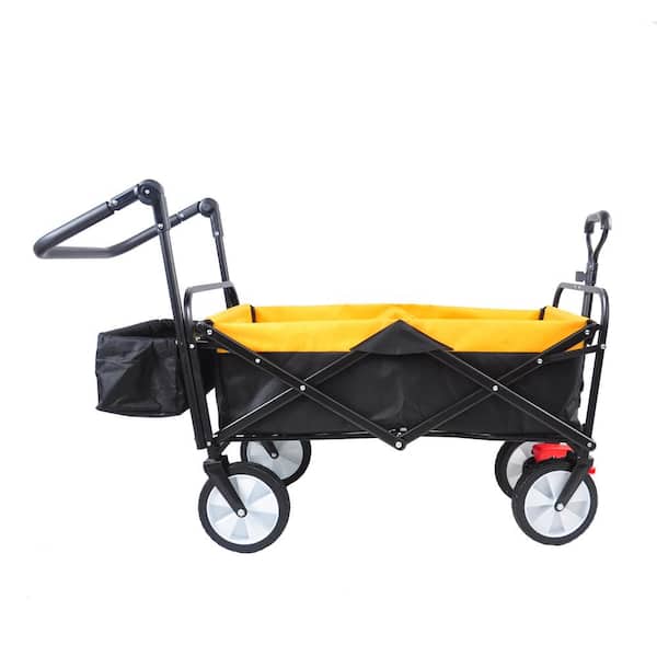 Zeus & Ruta 3 cu. ft. Black and Yellow Fabric Outdoor Utility Folding Wagon Garden Cart with Drink Holder, Adjustable Handle
