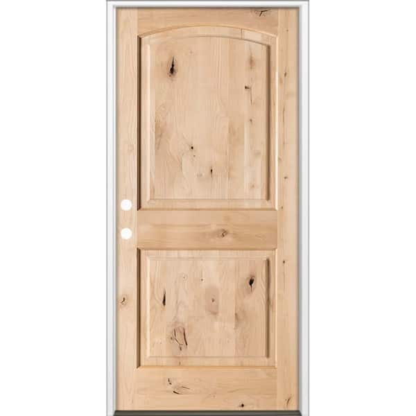 36 in. x 80 in. Rustic Knotty Alder 2-Panel Arch Top Right-Hand/Inswing Unfinished Wood Prehung Front Door