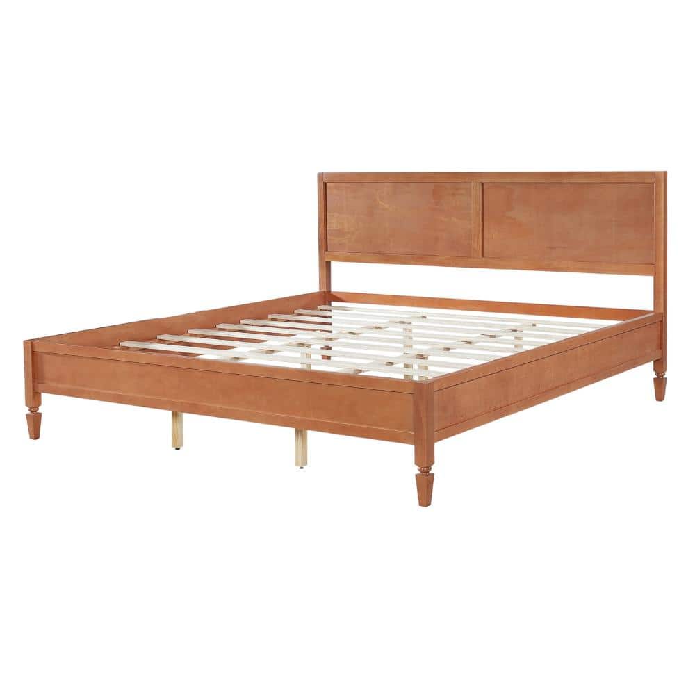 Brown Wood King Size Platform Bed Frame with Classic Panel Headboard and Under-Bed Storage