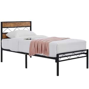 Platform Bed Frame Black Metal Frame, Twin Size Platform Bed with Rustic Vintage Wooden Headboard, 38.9 in. W