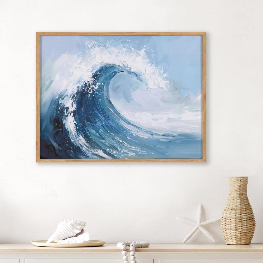 Natural Wood Framed Coastal Ocean Wave Abstract Print, 20x16