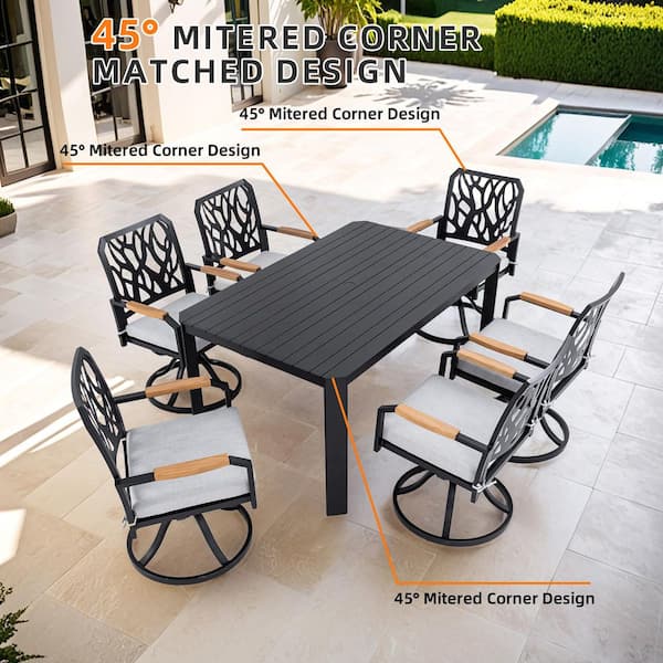 7-Piece Patio Aluminum Outdoor Dining Set with 6 Swivel Rockers, 1-Rectangle Dining Table, Gray Cushions, Black