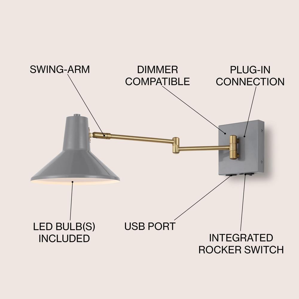 Black Iron Swing Arm Plug-In Wall Sconce with USB Port