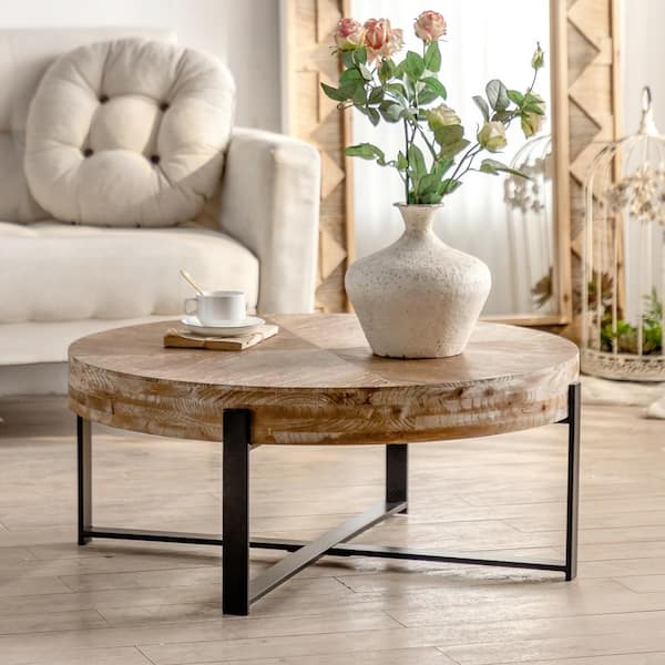 Magic Home 31.29 in. Retro Splicing Modern Round Coffee Table with Fir Wood  Table Top and Cross Legs Metal Base 637-MTBTMBXXX - The Home Depot