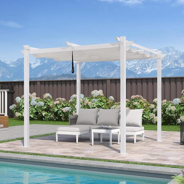 PURPLE LEAF 10 ft. x 10 ft. White Aluminum Outdoor Retractable White Frame Pergola with Sun Shade Canopy Cover