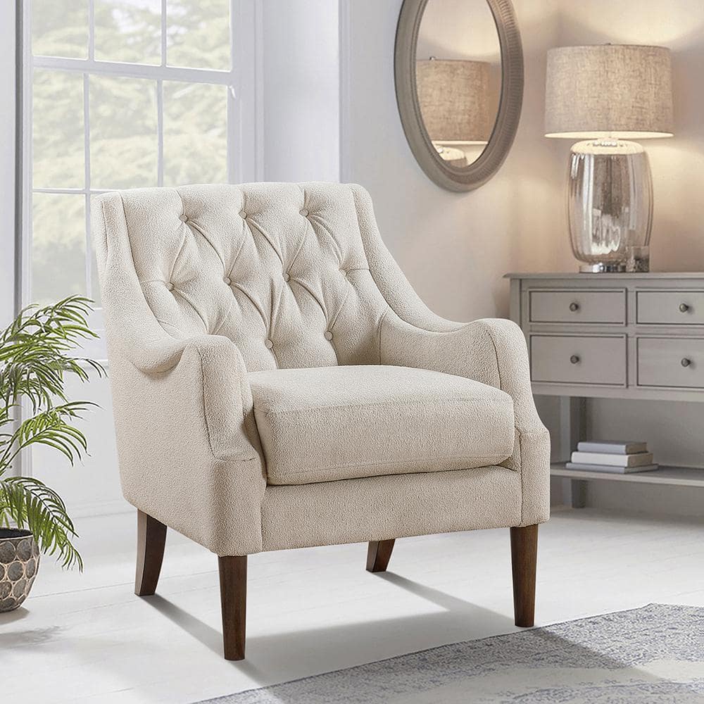 Beige Boucle Fabric Accent Chair with Dark Brown Wood Legs