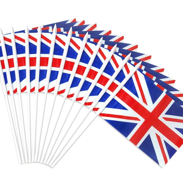 ANLEY British Union Jack Stick Flag Great Britain 5 in. x 8 in. Handheld Mini Flag with 12 in. White Solid Pole 1-Dozen