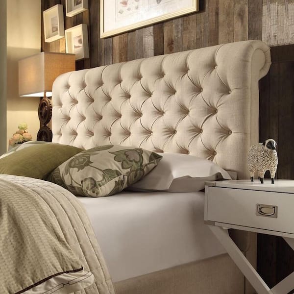 HomeSullivan 66.54 in. W Beige Linen Rolled Top Tufted Chesterfield Queen Headboard