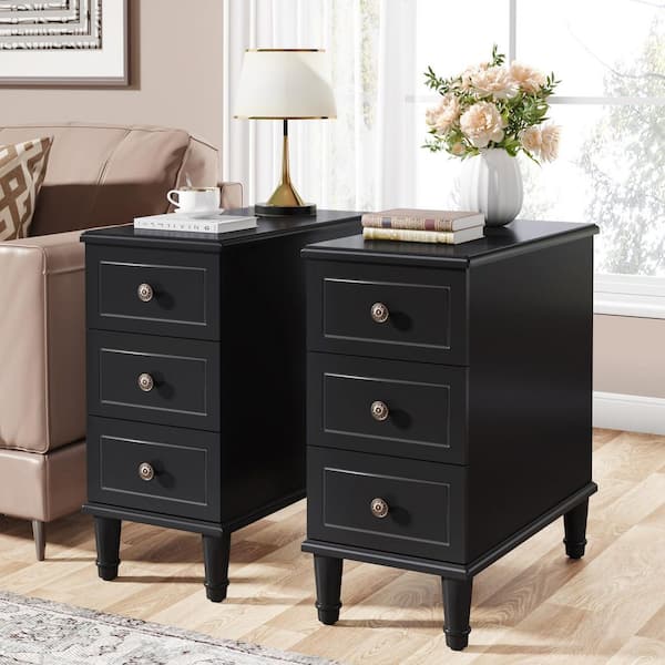 TRIBESIGNS WAY TO ORIGIN Calvin 23.62 in.W Assembled 3 Drawers Narrow Rectangle MDF Black Wood Bedside End Side Table Set of 2 Nightstand 2-Piece