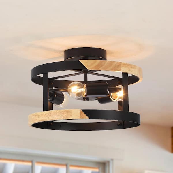 LWYTJO 11.81 in. 3-Light Black Drum-Shaped Semi Flush Mount Chandelier for Hallway Entryway Dining Room