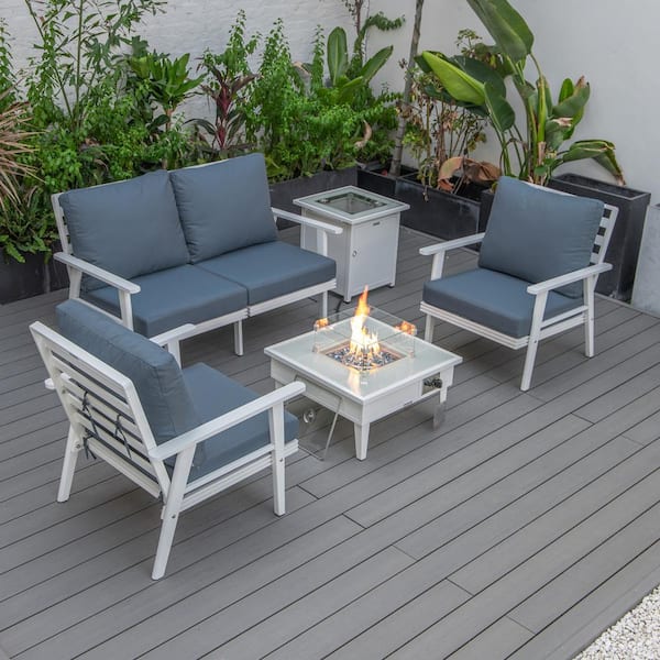 Leisuremod Walbrooke White 5-Piece Aluminum Square Patio Fire Pit Set with Navy Blue Cushions and Tank Holder