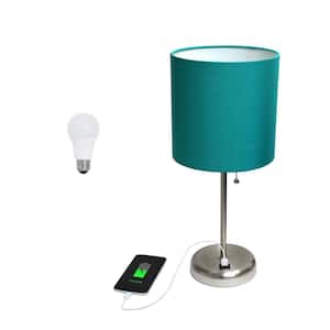 19.5 in. Contemporary Bedside USB Port Base Standard Metal Table Desk Lamp in Brushed Steel, Teal Shade, with LED Bulb