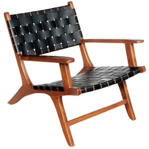 Leda Mid-Century Modern Style Teak Wood Black Strap Leather Accent Arm Chair