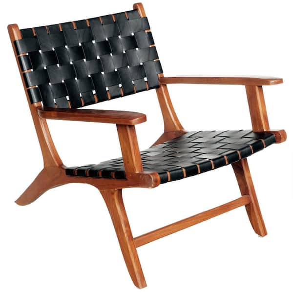Ashcroft Furniture Co Leda Mid-Century Modern Style Teak Wood Black Strap Leather Accent Arm Chair
