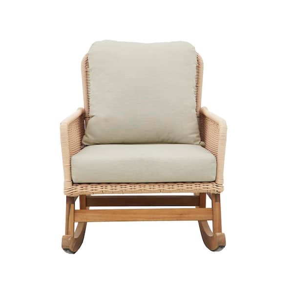 Zeus & Ruta Wicker Outdoor Rocking Chair with Beige Cushion, Durable Wooden Frame for Patio Balcony