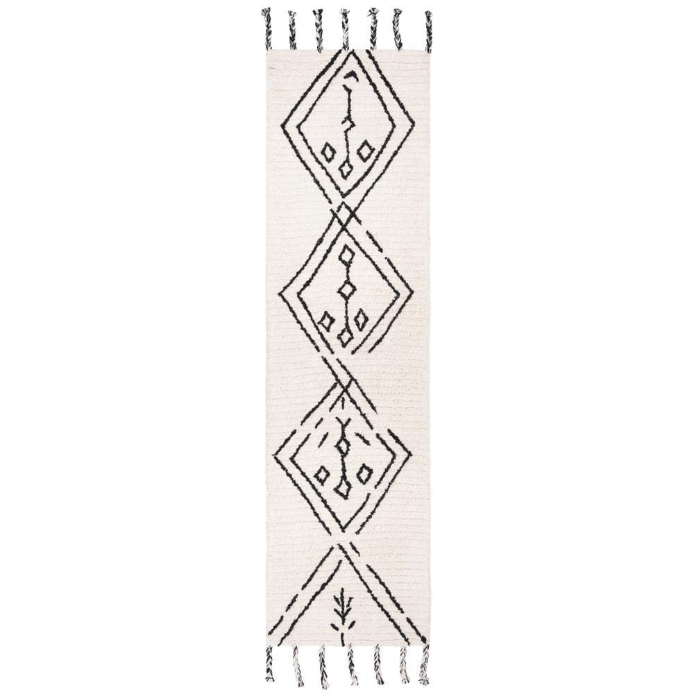 Ivory and Black Handmade Wool Tufted Shag Runner Rug