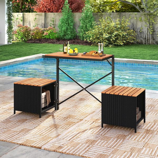 1-Piece Outdoor 2-in-1 Convertible Bench with Metal Frame PE Rattan Table and Chairs Patio Conversation Set
