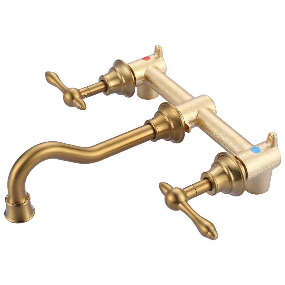 Arcora Double Handle 3 Hole Brass Wall Mounted Antique Bathroom Sink Faucet In Brushed Gold 9661