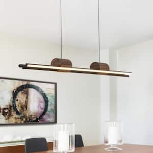 Iris 3-Light 43.3 in. Integrated LED Linear Chandelier Black Kitchen Island Pendant with Wood Accents