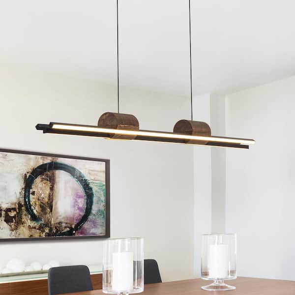 EDISLIVE Iris 3-Light 43.3 in. Integrated LED Linear Chandelier Black Kitchen Island Pendant with Wood Accents