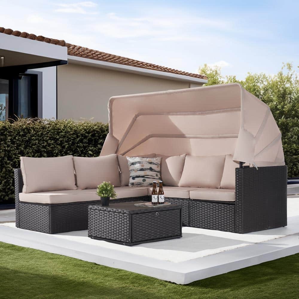 4-Piece Patio Rattan Daybed Set with Retractable Canopy, Sandy Soft Cushion