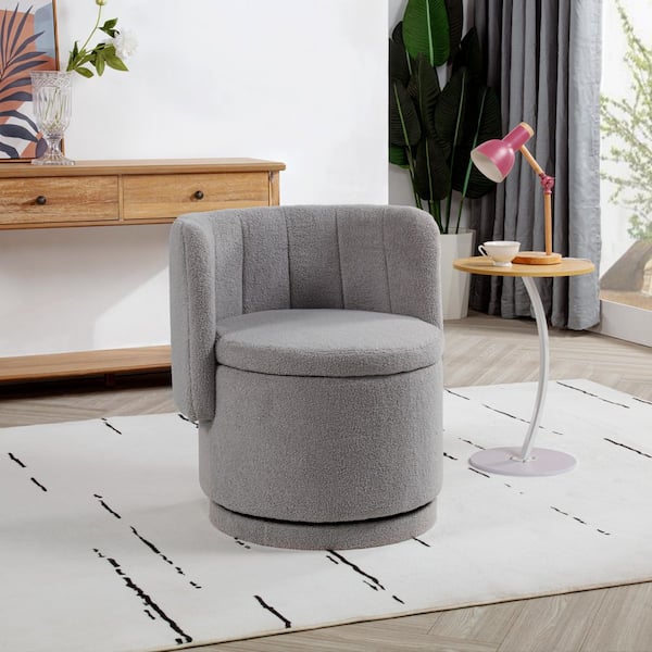 28.94 in. Gray Oval Upholstered Fabric Swivel Chair with 360° Swivel and Hidden Storage Space