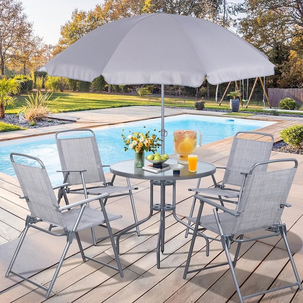 6-Piece Metal Outdoor Patio Dining Set with Foldable Chairs and Umbrella