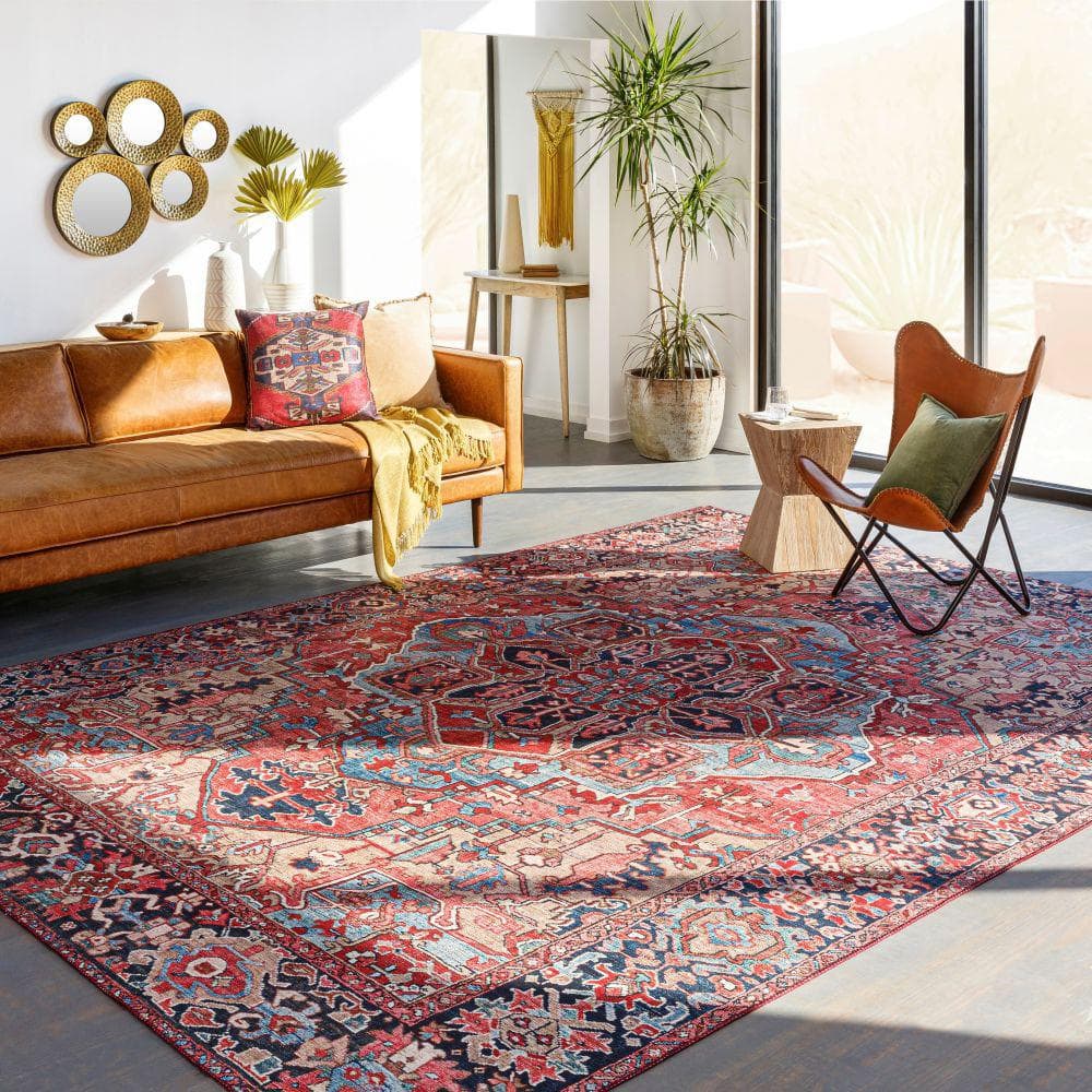 Bright Red Rectangular Synthetic Vintage Area Rug