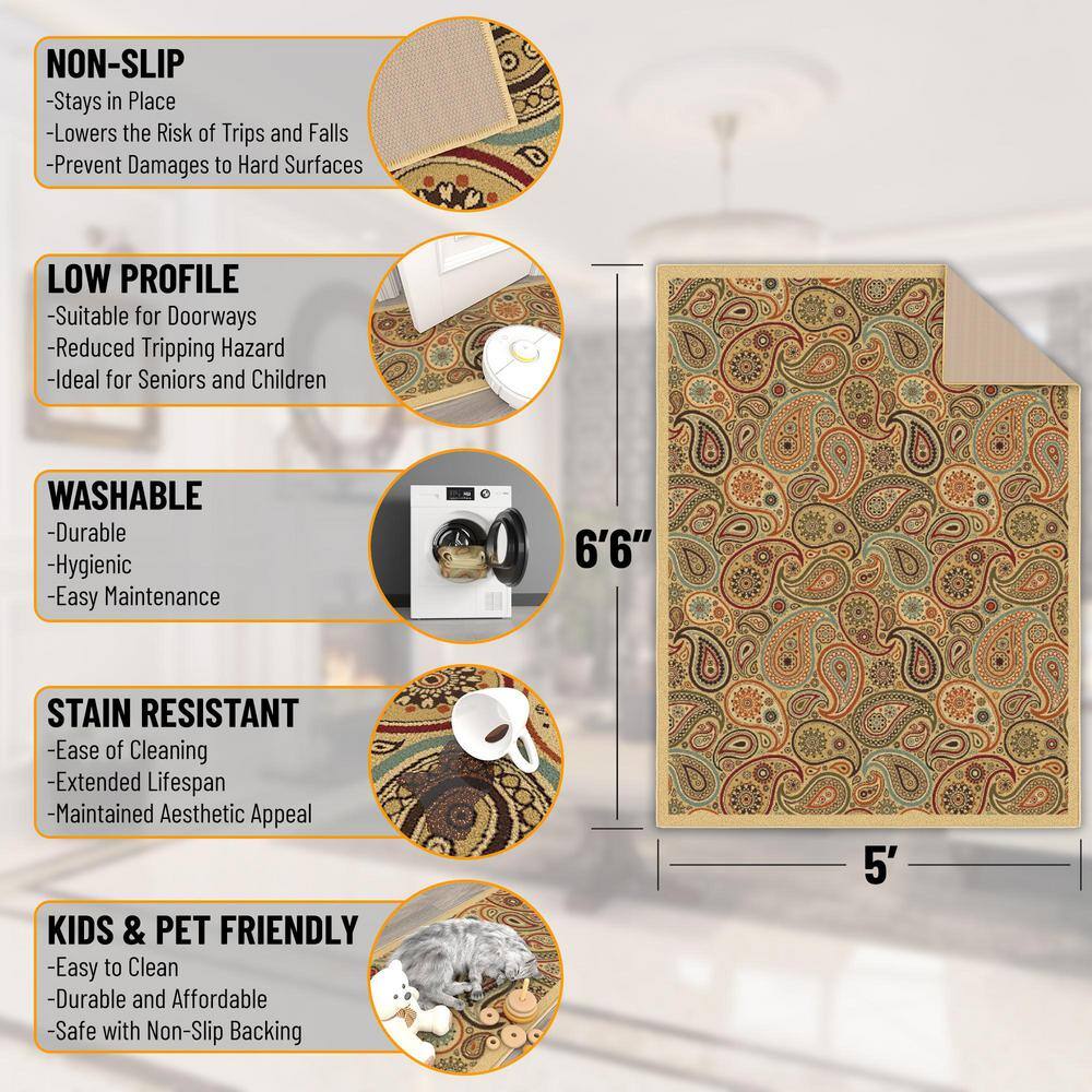 Paisley Design Beige and Red Non-Slip Washable Area Rug