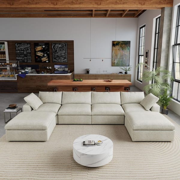 6-Piece 157.32 in. Square Arm Linen Modular Down-Filled Deep Seat Sofa with Storage Ottoman in Brown