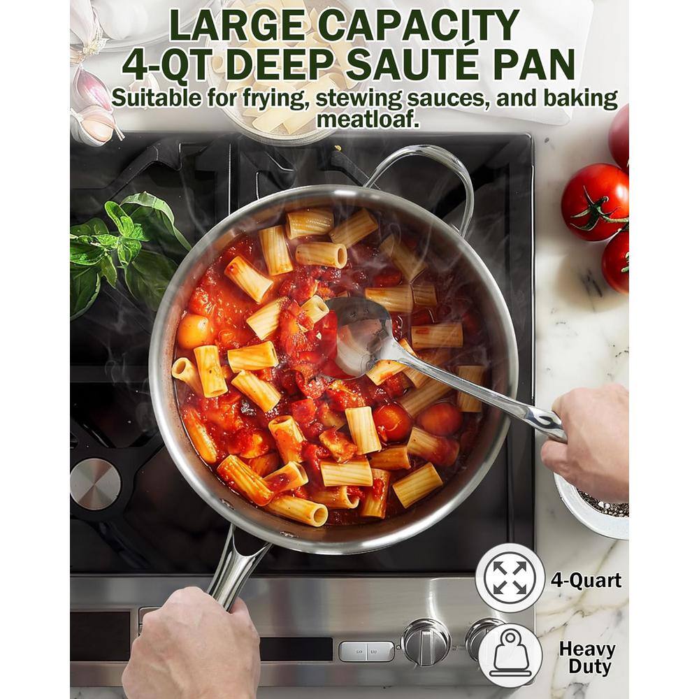 4-Quart Silver Stainless Steel Deep Sauté Pan with Lid