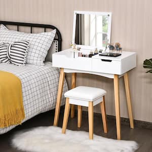 Vanity Makeup Table Cushioned Stool Set with Flip Top Mirror and 1-Drawer Writing Desk