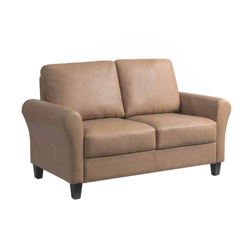 Brown Faux Leather Loveseat with Rolled Arms and Tapered Legs