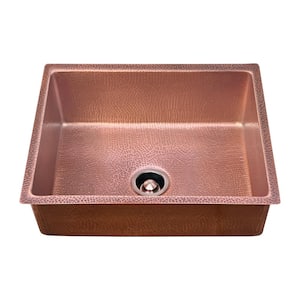 Luxury 24 in. Drop-In or Undermount Single Bowl 12-Gauge Medium Patina Copper Kitchen Sink with Grid and Disposal Flange