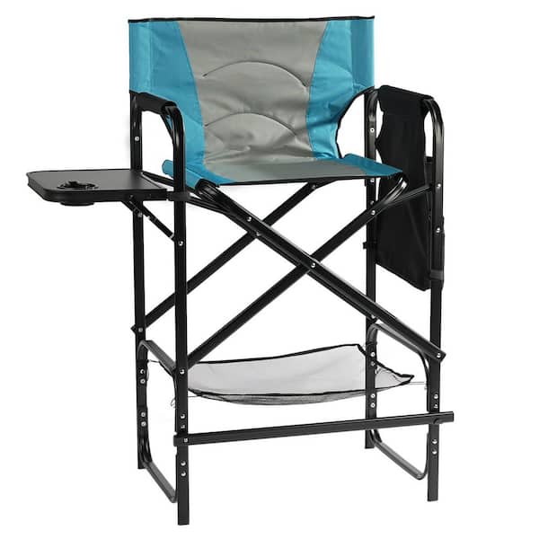 26 in. Sky Blue Iron Pipe Folding Director Chair with Built-in Cup Holder, Side Table, Storage Pocket