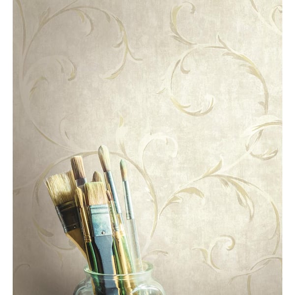 Scroll Leaf Ironwork Metallic Gold and Light Greige Paper Strippable Roll (Covers 56.05 sq. ft.)