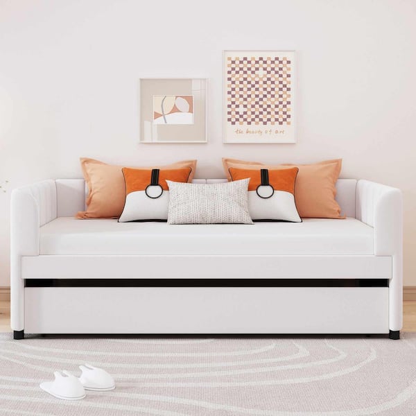 Beige Twin Size Daybed with Ergonomic Design Backrest and Trundle