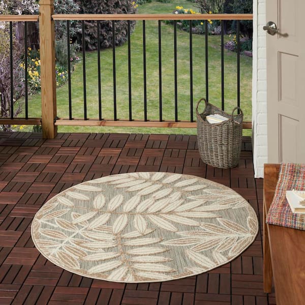 Aloha Natural 4 ft. Round Floral Modern Indoor/Outdoor Patio Area Rug