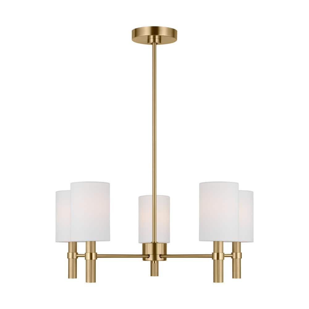 Satin Brass 5-Light Chandelier with White Linen Shades