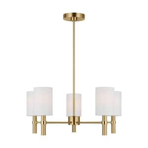 Manor 5-Light Satin Brass Medium Chandelier with White Linen Fabric Shades and No Bulbs Included