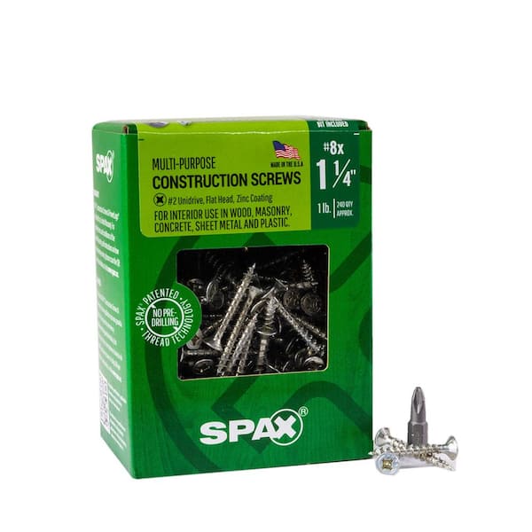 SPAX #8 x 1-1/4 in. Phillips-Square Drive Flat Head Full Thread Zinc Coated Multi-Material Screw (240 per Box)