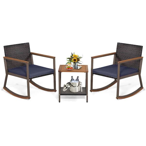 Costway 3-Piece Wicker Outdoor Bistro Set Rattan Rocking Chair with Storage Shelf and Navy Cushions