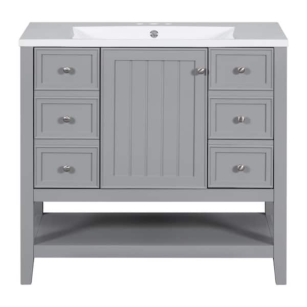 Unbranded 36 in. W x 18 in. D x 34.1 in. H Freestanding Single Sink Bath Vanity in Gray with White Ceramic Top and 3-Drawers
