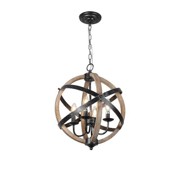 Lasaideal 16 in. 4-Light Solid Wood Farmhouse Brown Pendant Light Chandelier with No Bulbs Included
