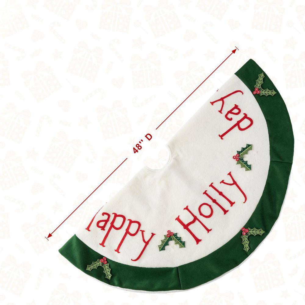 48" Green and White Felt Christmas Tree Skirt with Holly Leaves