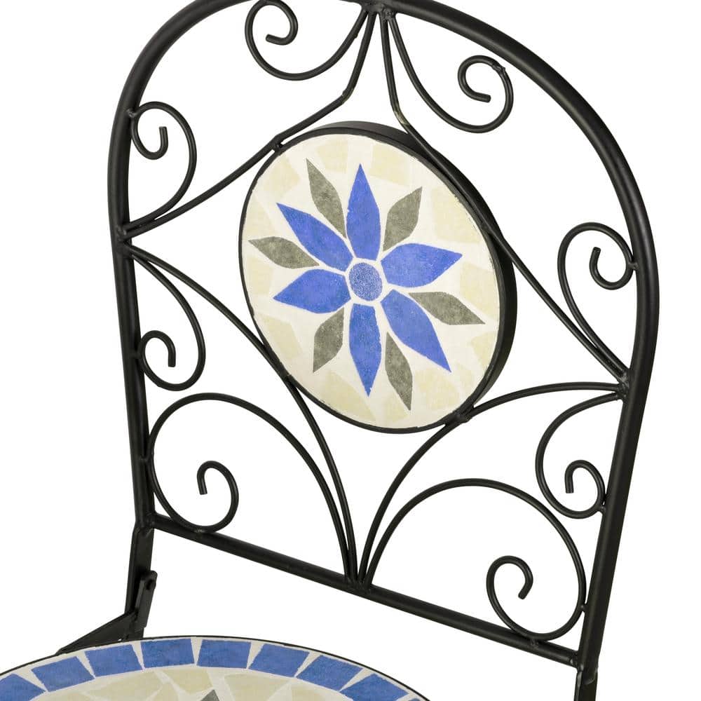 Blue and Beige Ceramic Mosaic Bistro Set with Steel Frame