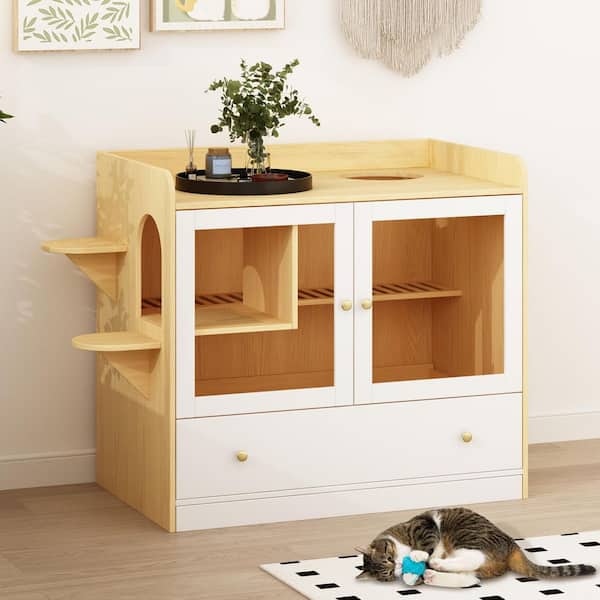 FUFU&GAGA XL Large Cat Litter Box Furniture Hidden, Cat Cabinet Nightstand Side Table with Large Drawer and Stairs, White with Log