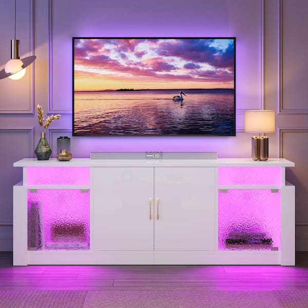 63 in. Glossy White Stone Grain TV Stand Fits TV Up to 32 to 70 in. Entertainment Center with Cabinet LED Light